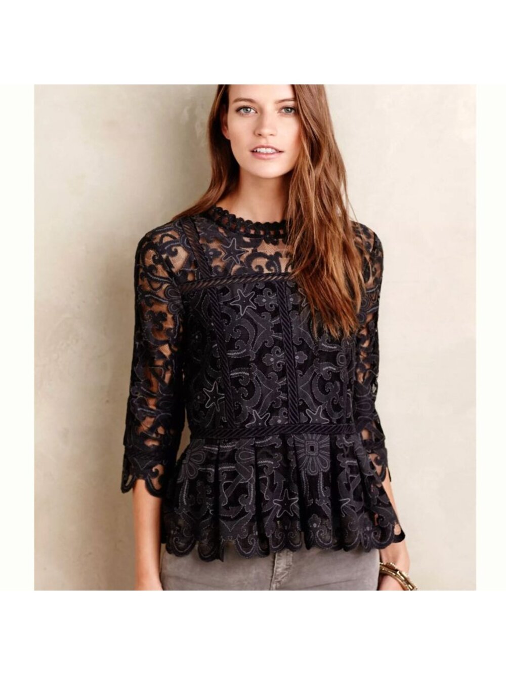 Anthropologie HD in Paris Black Nautical Lace Top Blouse 16